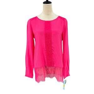 Antonio Melani NWT Hot Pink 100% Silk Long Sleeve Lace Trim Relaxed Flow Blouse